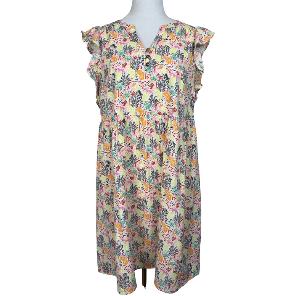 LOFT women's dress Jungle Palm Print S Multicolor Flutter Sleeve Lined Feminine